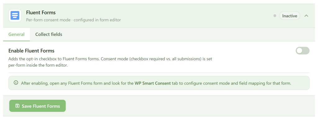 A screenshot of the Fluent Forms settings shows the "General" tab selected. An inactive toggle for "Enable Fluent Forms" is visible. Below are instructions and a green "Save Fluent Forms" button. The interface uses shades of green and white.