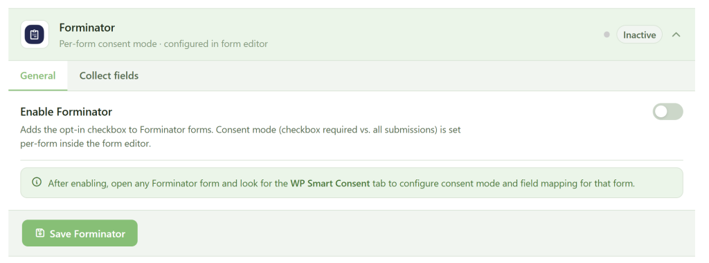 A screenshot of the Forminator plugin settings shows the "General" tab active. The "Enable Forminator" toggle is on, with instructions below. At the bottom, there is a highlighted green "Save Forminator" button. The top right status shows "Inactive.