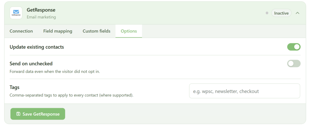 Screenshot of the GetResponse Options tab. “Update existing contacts” toggle is on, “Send on unchecked” is off. There’s a text box labeled “Tags” with a placeholder for comma-separated tags. Bottom left shows a green “Save GetResponse” button.