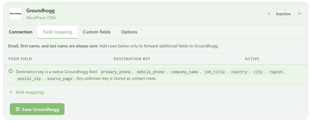 Screenshot of the Groundhogg WordPress CRM interface, showing the "Field mapping" tab. It displays mapped fields such as primary_phone, mobile_phone, company_name, job_title, and address fields. "Save Groundhogg" and "Add mapping" buttons are at the bottom.