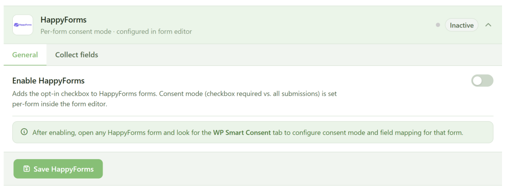 Screenshot of the HappyForms plugin settings page. The “Enable HappyForms” toggle is off. Tabs for “General” and “Collect fields” appear. A green “Save HappyForms” button is at the bottom, with setup and configuration instructions above it.