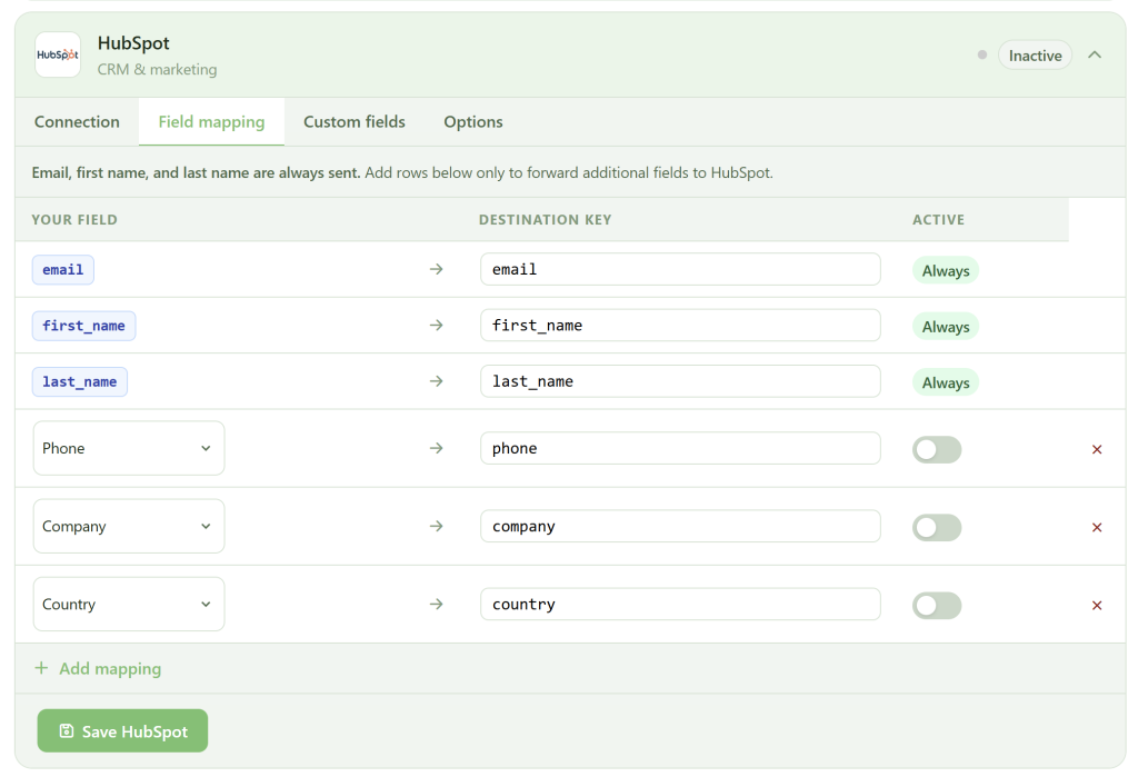 Screenshot of HubSpot field mapping settings. Fields like email, first name, last name, phone, company, and country are listed with corresponding destination keys. Toggles indicate which fields are active. "Save HubSpot" and "Add mapping" buttons are at the bottom.
