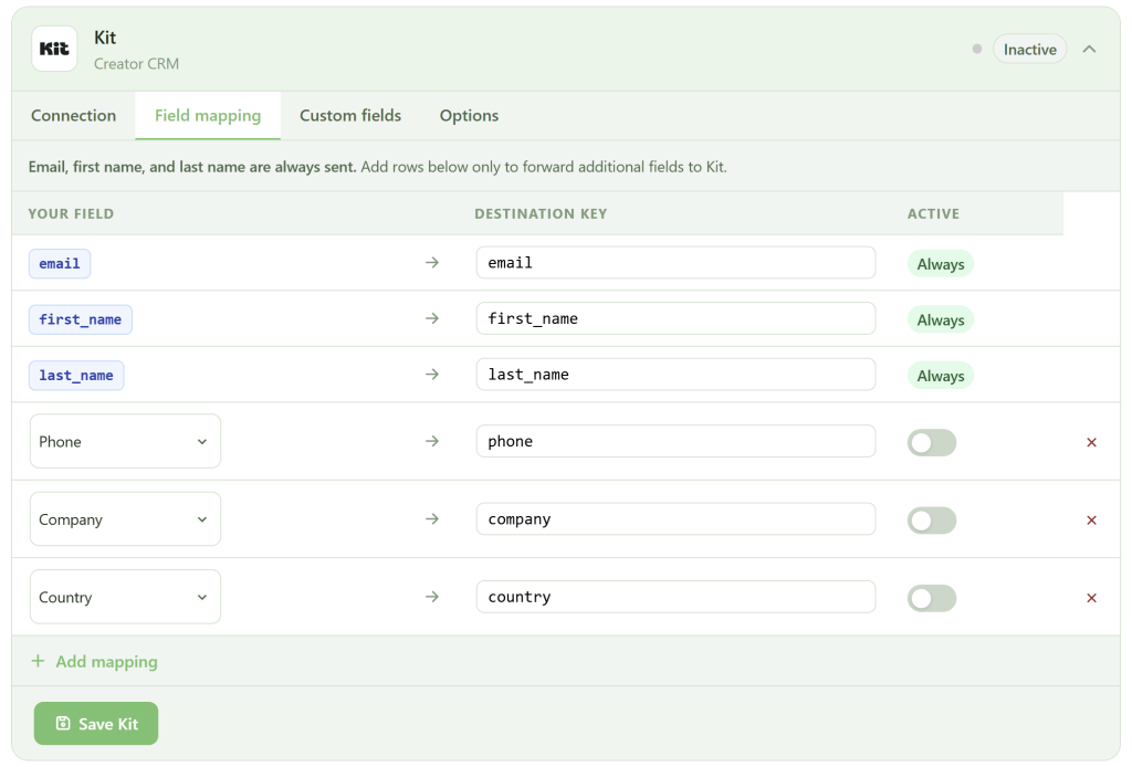 A CRM field mapping interface shows five fields mapping user data to destination keys. "Email," "First name," and "Last name" are always active. "Phone," "Company," and "Country" have toggles; phone is off. The status is "Inactive" in the top right.