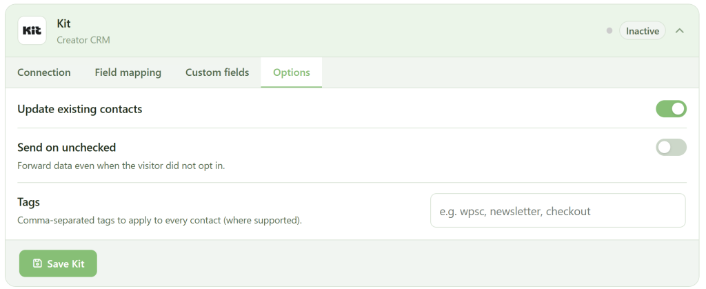 Screenshot of the “Options” tab in Kit Creator CRM settings. “Update existing contacts” is toggled on. “Send on unchecked” is off. There is a field for comma-separated tags, an active “Save Kit” button, and the kit status is shown as inactive.