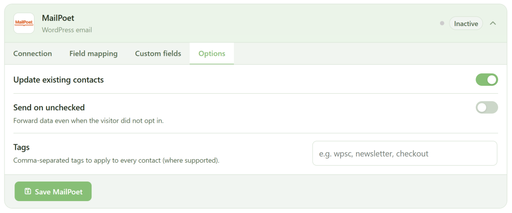 A MailPoet Options settings screen with toggles for “Update existing contacts” (on) and “Send on unchecked” (off), a field for adding tags, and a green “Save MailPoet” button at the bottom. The status at the top right shows "Inactive.