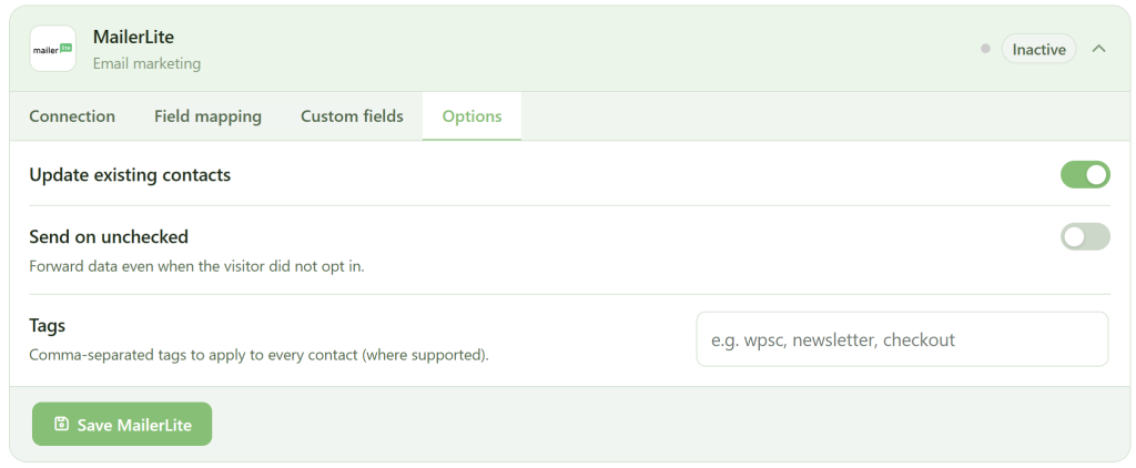 MailerLite integration options screen. "Update existing contacts" and "Send on unchecked" toggles are switched on. A blank "Tags" field is shown with the example "e.g. wpsc, newsletter, checkout." "Save MailerLite" button appears at the bottom. Status: Inactive.