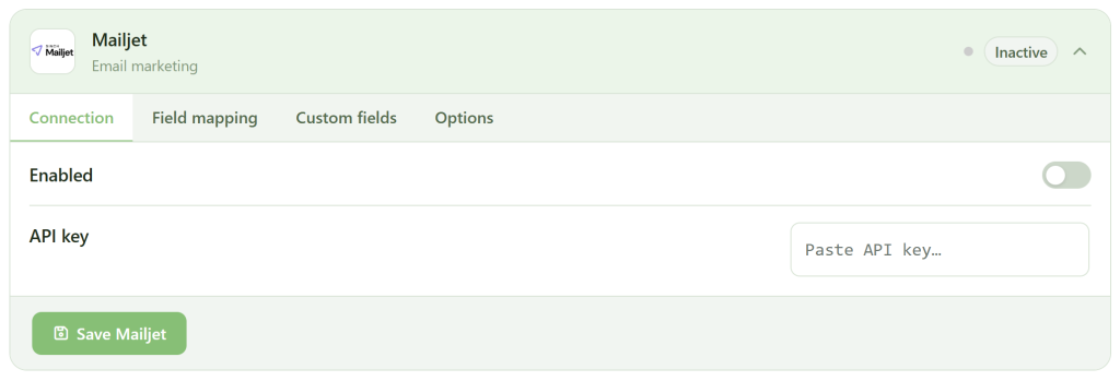 Screenshot of a Mailjet integration settings page. Tabs include Connection, Field mapping, Custom fields, and Options. Connection tab is open, showing an "Enabled" toggle (off), an API key field, and a green "Save Mailjet" button. Status is "Inactive.