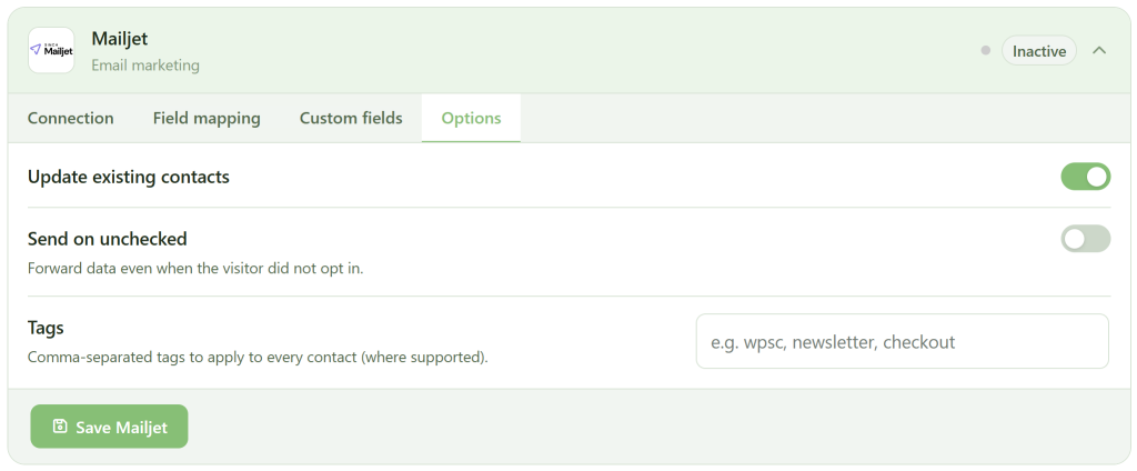 A Mailjet email marketing settings screen shows the "Options" tab. "Update existing contacts" is toggled on, "Send on unchecked" is off, and there is a "Tags" input box. Buttons for saving Mailjet and other menu tabs are visible. Status is "Inactive.