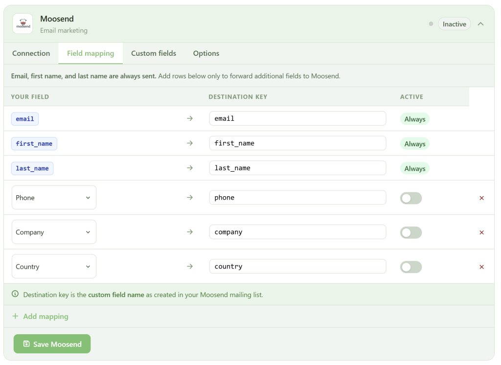A screenshot of the "Field mapping" tab in Moosend’s settings. Three fields—email, first_name, last_name—are mapped and active. Two more—phone and company—are mapped but inactive. There are options to add mappings or remove existing ones.