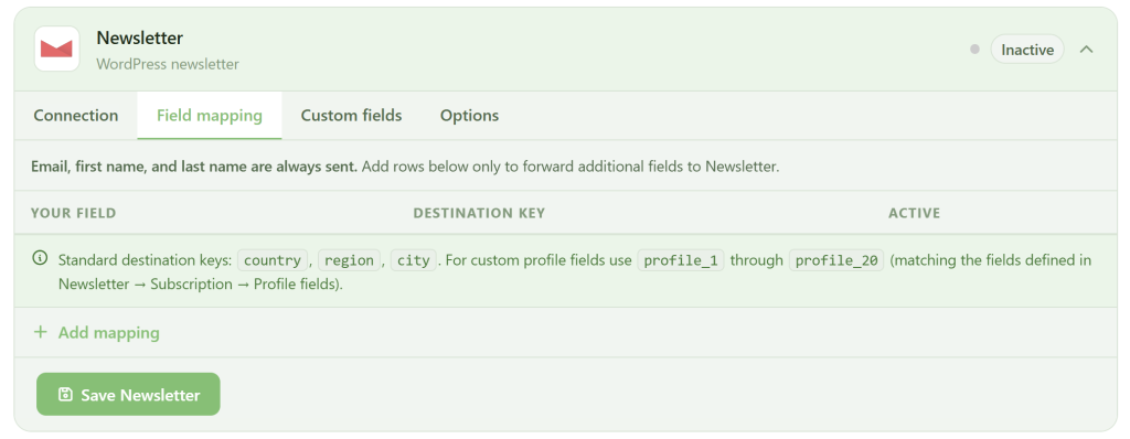 A web interface for a WordPress newsletter shows the “Field mapping” tab. A table lists standard destination keys—country, region, city. A note explains custom field keys. Buttons at the bottom read “Add mapping” and “Save Newsletter.” Status is marked as “Inactive.”.