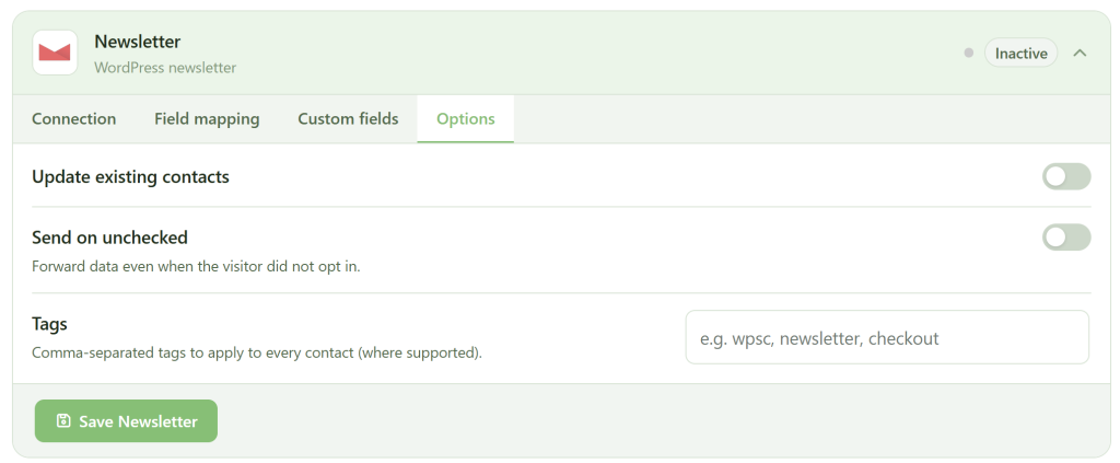 Screenshot of a "Newsletter" settings page. The "Options" tab is selected. Two toggle switches labeled "Update existing contacts" and "Send on unchecked" are off. There's a tags field and a green “Save Newsletter” button at the bottom. Status shows "Inactive.