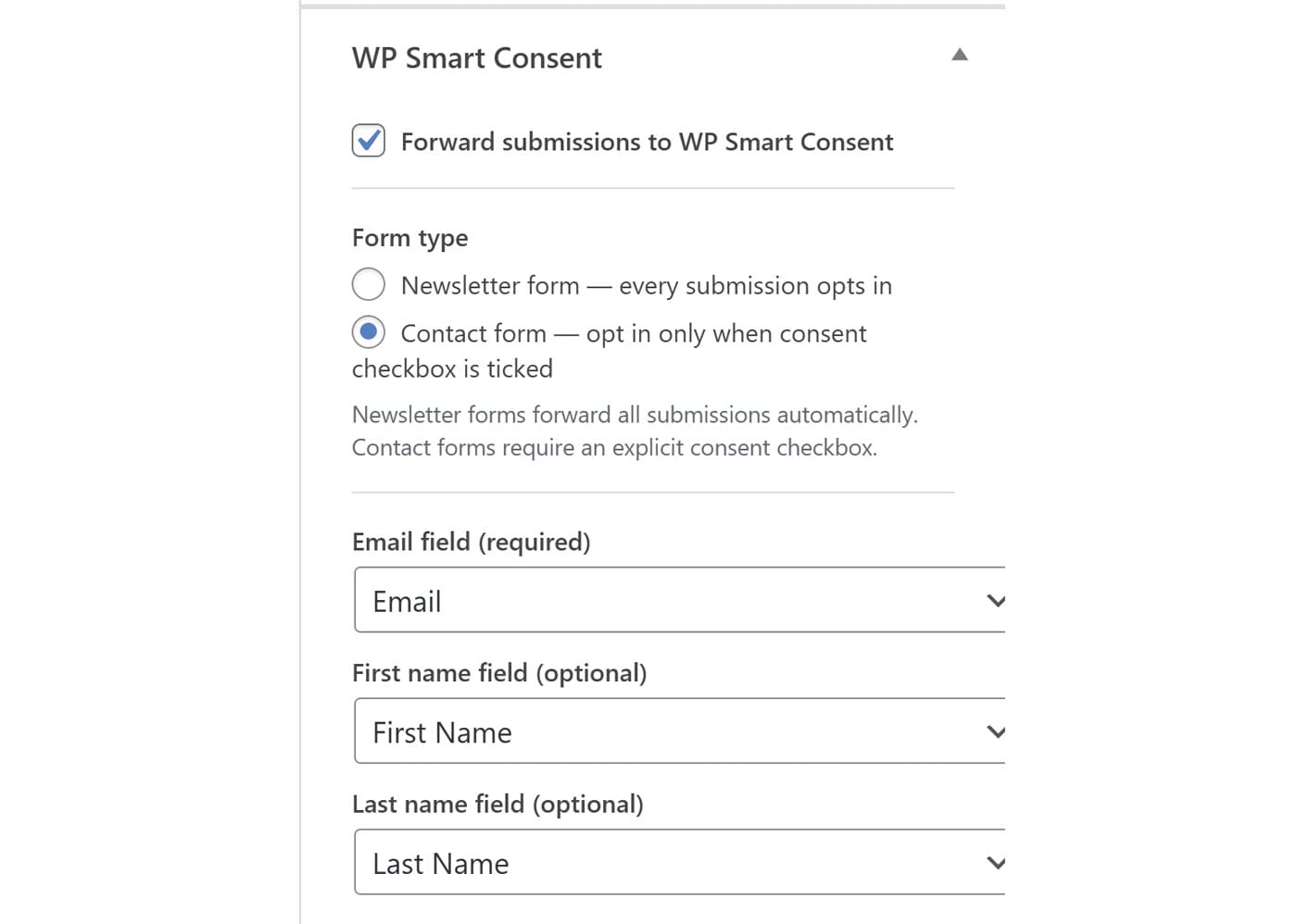 A settings panel titled "WP Smart Consent" shows options for forwarding submissions, form type (newsletter or contact with consent), and fields for email (required), first name, and last name. "Forward submissions to WP Smart Consent" is checked.