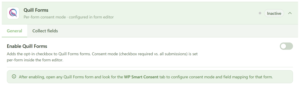 Screenshot of the Quill Forms plugin settings. The option “Enable Quill Forms” is shown with a toggle switch set to off. A notice explains how to enable consent mode and mentions WP Smart Consent for further configuration.