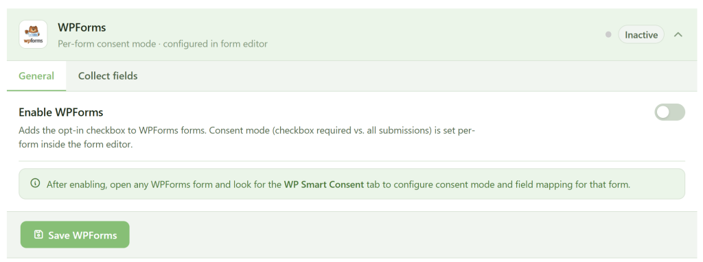 A settings page for WPForms shows the plugin as "Inactive." Tabs for "General" and "Collect fields" are visible. The option "Enable WPForms" is off. A note explains how to enable consent mode, and a green "Save WPForms" button appears at the bottom.