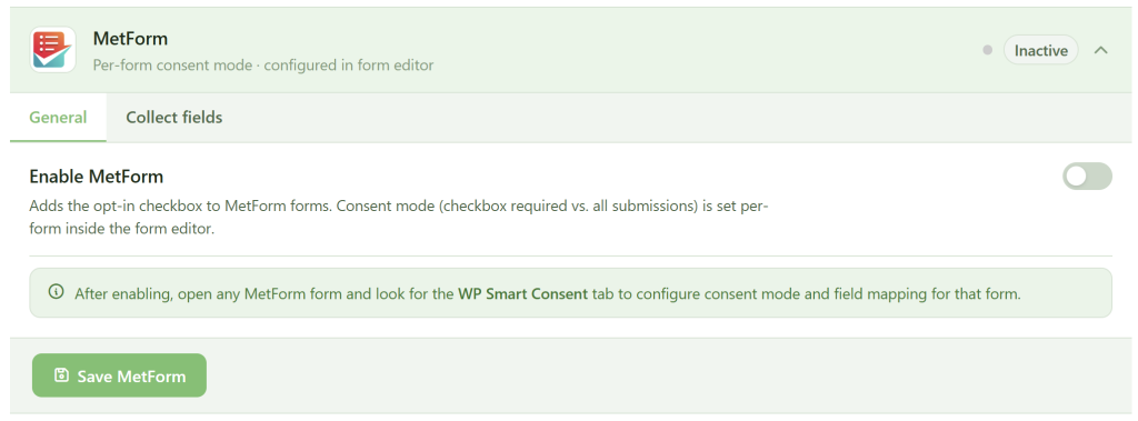 Screenshot of a settings page for "MeForm" with "Inactive" status. The "Enable MetForm" toggle is off. A note gives setup instructions. Tabs include "General" and "Collect fields." At the bottom is a green "Save MetForm" button.