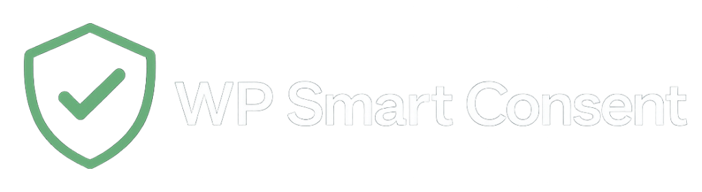A green shield icon with a checkmark inside sits to the left of the words “WP Smart Consent” in light gray text on a white background. The overall design appears clean and modern, suggesting trust and security.