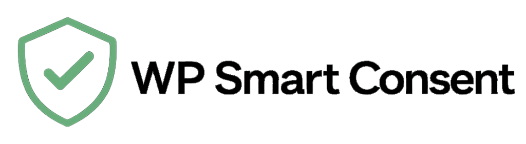 A green shield icon with a check mark inside is on the left. To the right, bold black text reads “WP Smart Consent” on a light gray background. The design suggests security and trust, likely for a consent or privacy-related service.