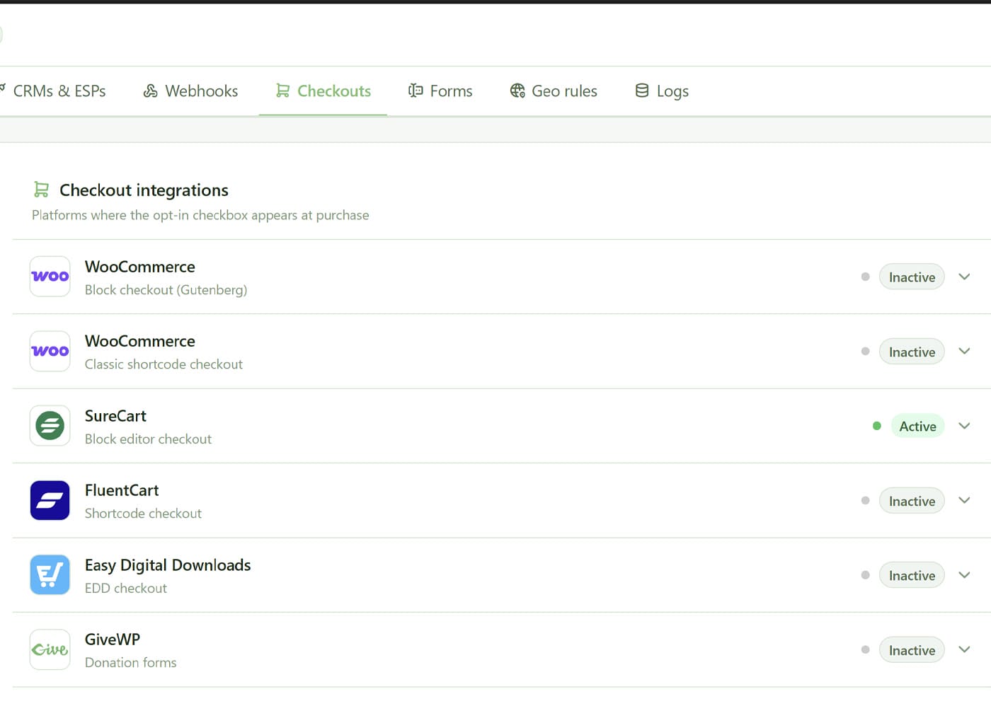 A dashboard shows “Checkout integrations” with a list of platforms: WooCommerce, WooCommerce (classic), SureCart, FluentCart, Easy Digital Downloads, and GiveWP, each with a status button marked either “Inactive” or, for SureCart, “Active.”.